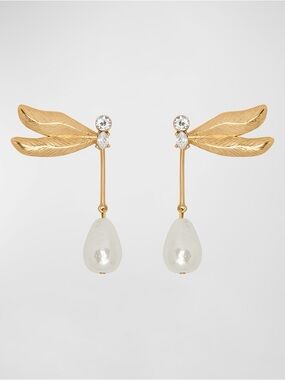 Oscar de la Renta Double Wing Dragonfly Drop Earrings Bridal Gold Color NEW